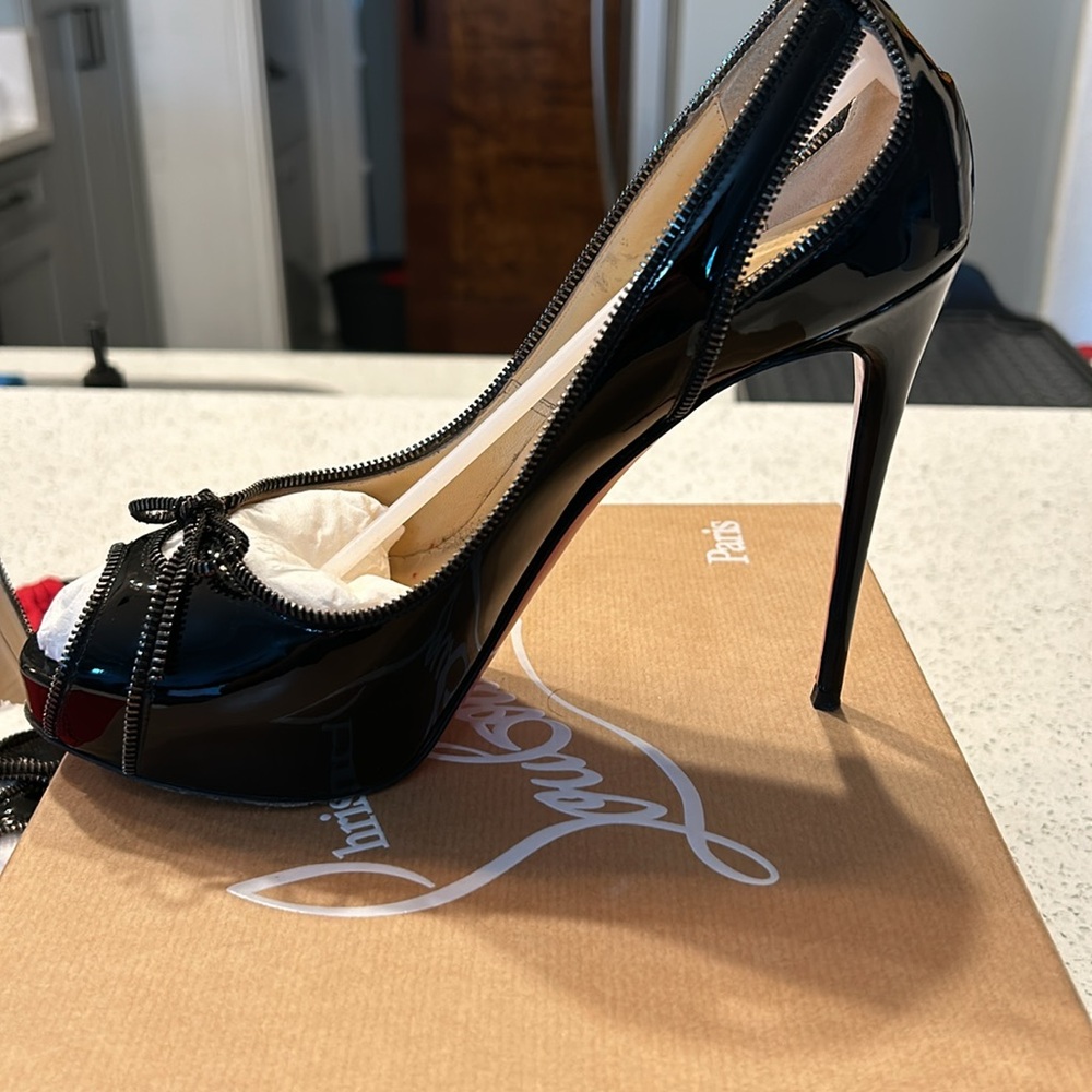 Black Colbina 120 Patent Zipper Peep Toe Pumps